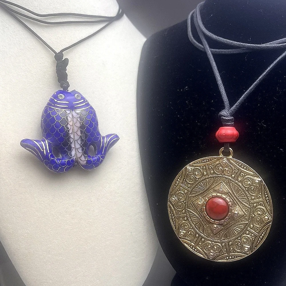 Cloisonne Twin Fish Pendant Medallion Red Stone Blue Gold Enamel Tribal Necklace